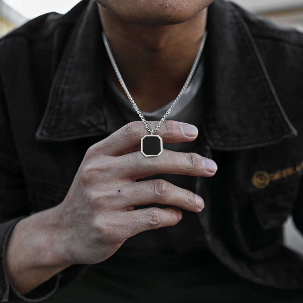 Vnox Geometric Necklaces for Men, Enamel Square Pendant with Rope Cuban Figaro Box Chain, Casual Vintage Cool Collar H260312