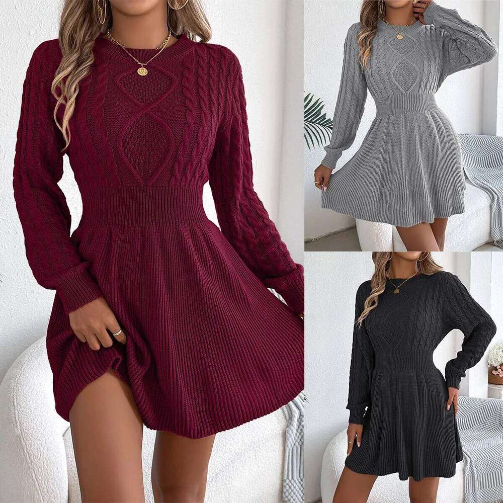 2025 New Women's Cable Knit Sweater A-Line Belted Bubble Sleeve Winter Tight Waist Dress Z260314