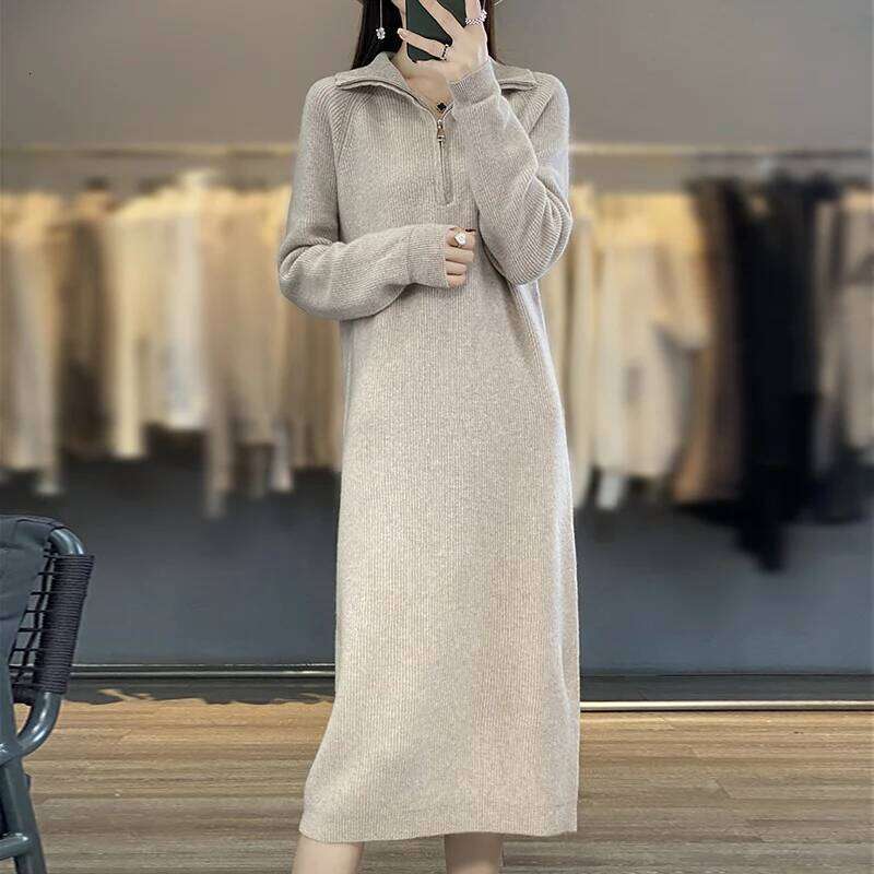 Thick Zipper Mock Neck Chic Elegant Soft Warm Striped Basic Comfort Women's One-piece Dress 100% Merino Wool Exquisite Sweater Z260313