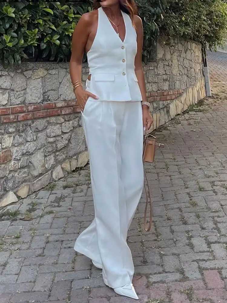 HH Women Fashion Solid Pant Suit Halter Single Breasted Sleeveless Blazer Vest Top Zipper Fly Trousers Office Lady Sets M260313