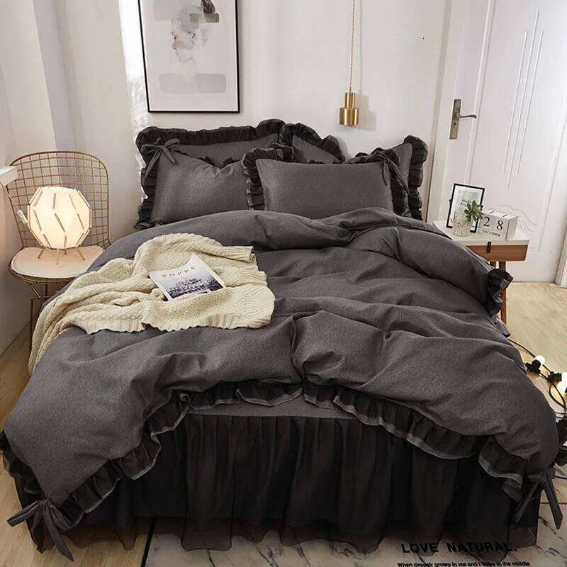 Korean Bed Skirt Bedding Sets with Ruffled Edges Thickened Princess Brushed Quilt Kit Solid Skin-Friendly Breathable Bedclothes H260312 - view 3