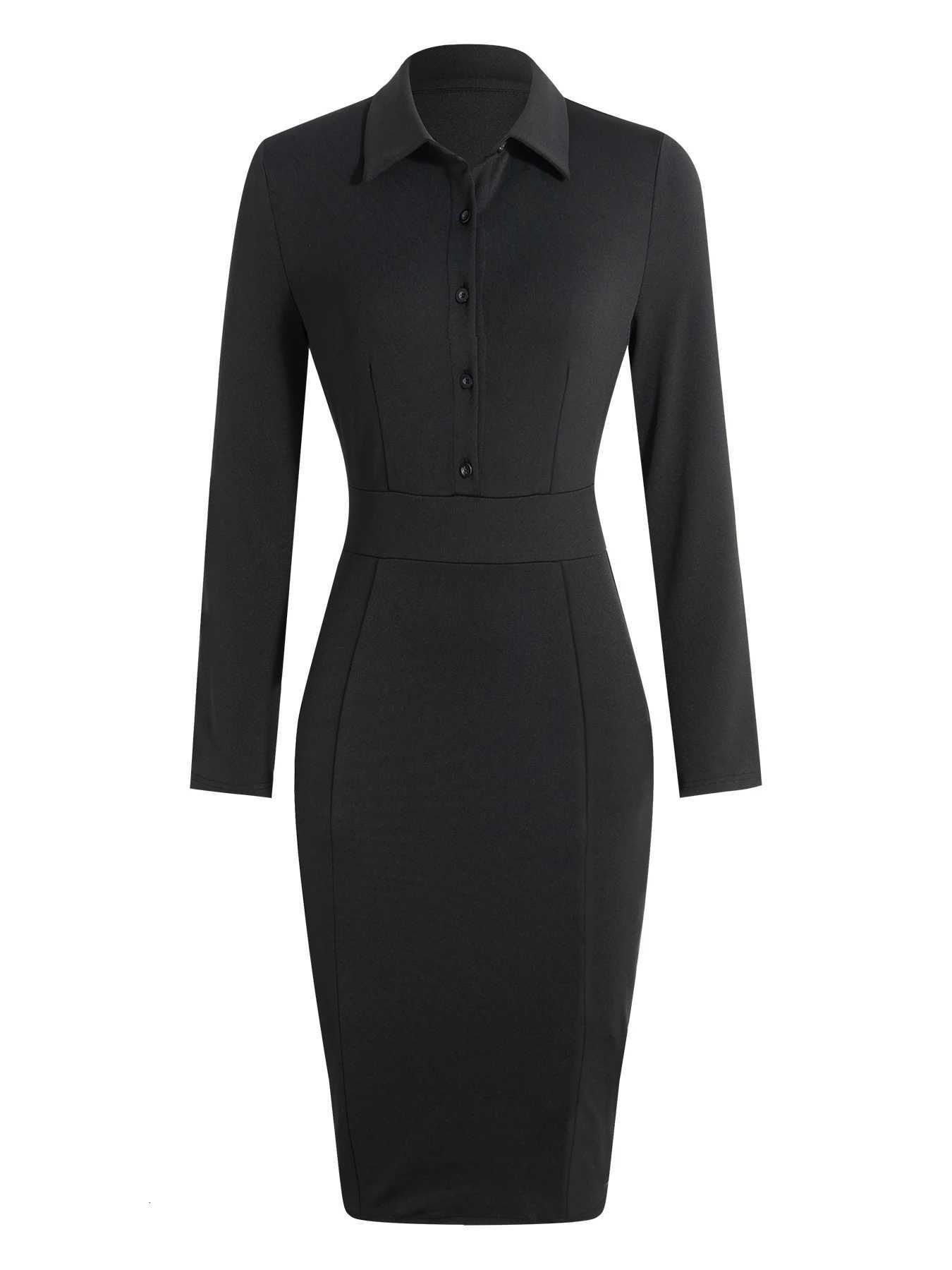 Womens Black Shirt Midi Dress Turn Down Collar Long Sleeve Button Front Slim Fit Formal Elegant Spring Summer Office Work DressT260314