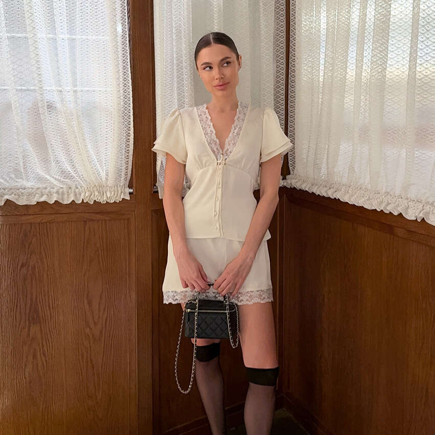 European And American Women S Fashion Set New Spring Summer Cross Border Style Satin Imitation Silk Lace Patchwork Waist Cinching Short Sleeve Skirt M