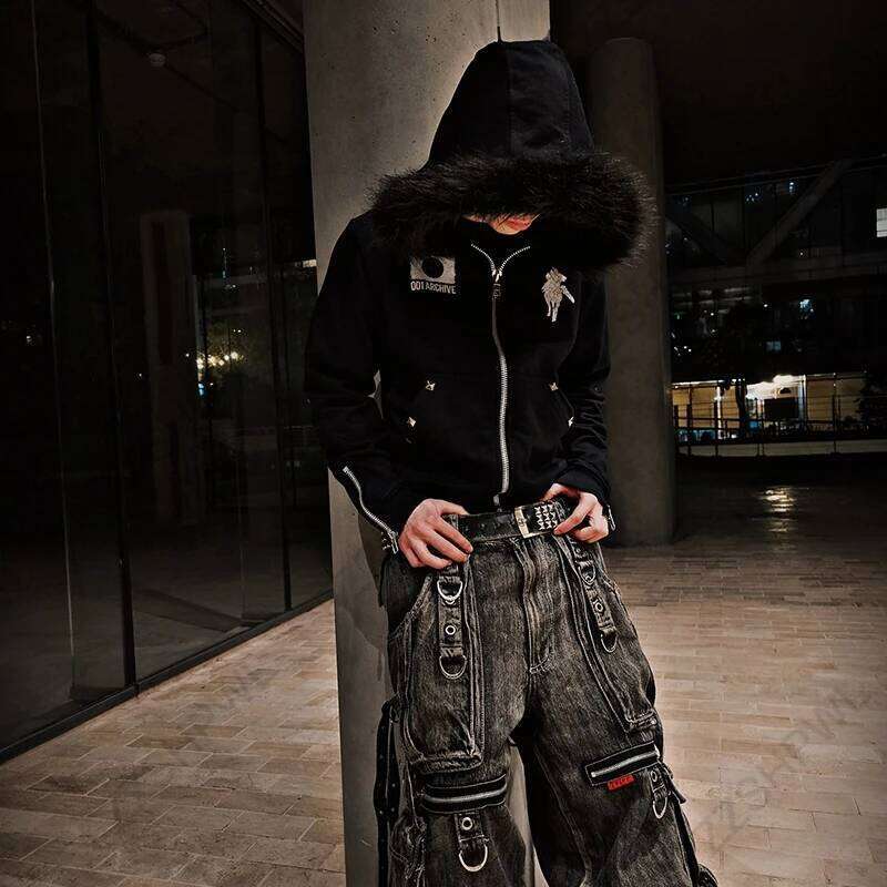 Harajuku Y2K retro aesthetic unisex hoodie casual zipper cardigan print fur collar sweatshirt rock punk hip hop goth streetwear Z260314