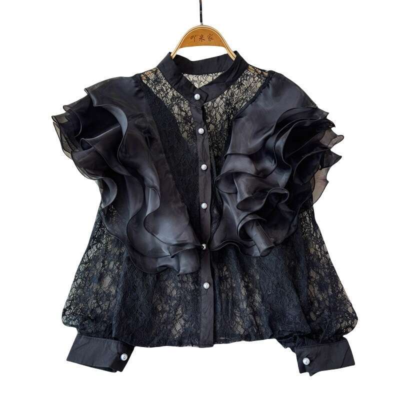 Spring and Autumn New Designer Lightweight Luxury Fairy Pink Ruffle Palace Noble Style Lace Shirt