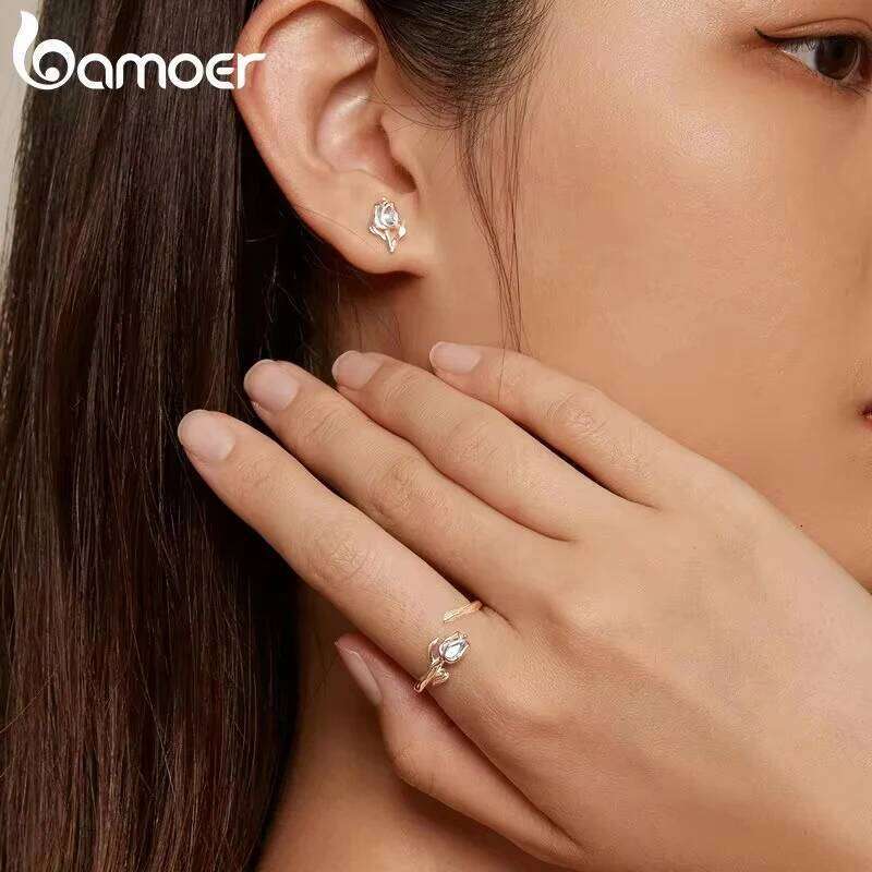 Bamoer 925 Sterling Silver Blue Tulip Opening Flower & Vine Adjustable Ring for Women Birthday Party Romantic Fine Jewelry H260312