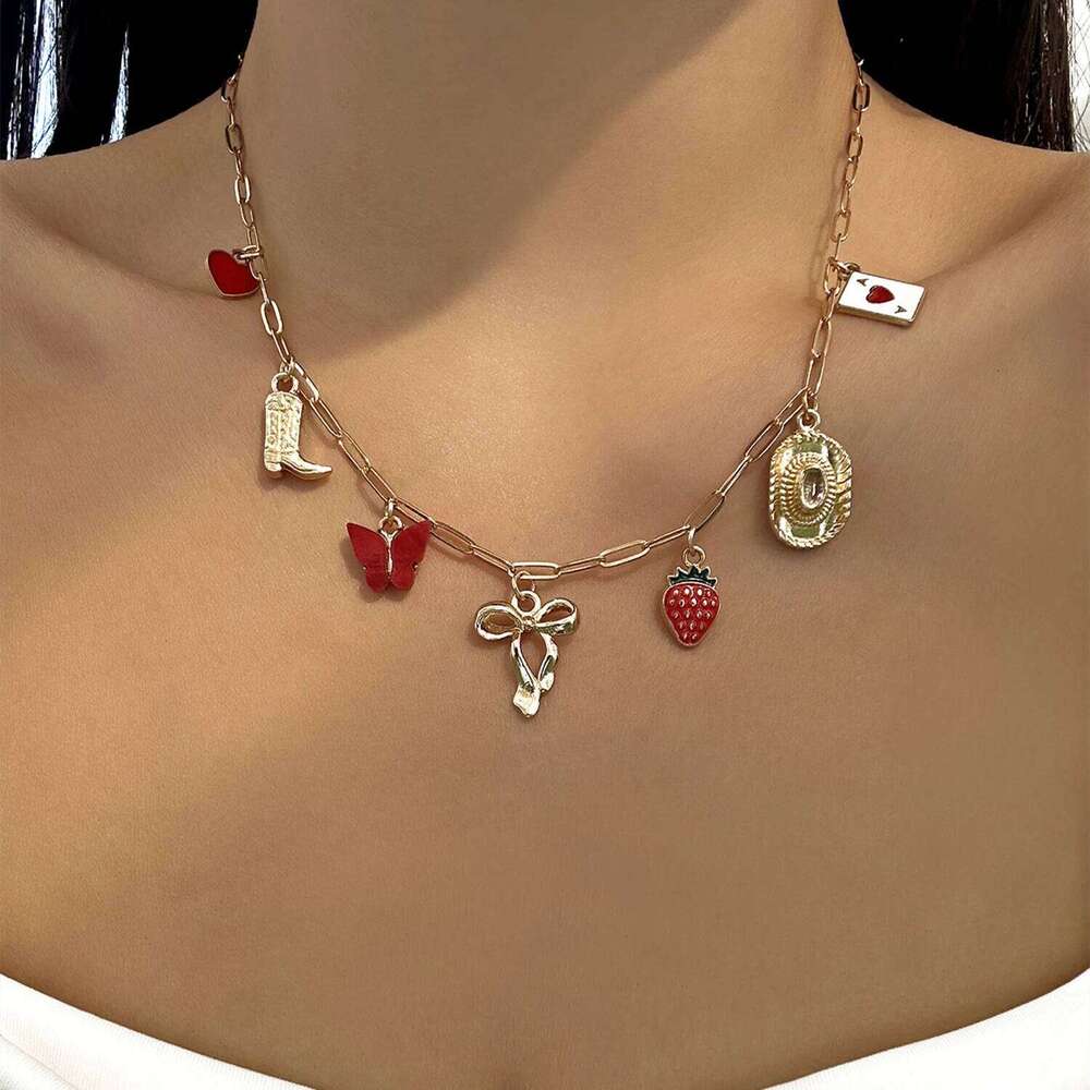 Y2K Sweet Cherry Strawberry Pendant Necklace For Women Dainty Cute Fruit Bow Charms Clavicle Chain Fashion Jewelry Accessories H260312