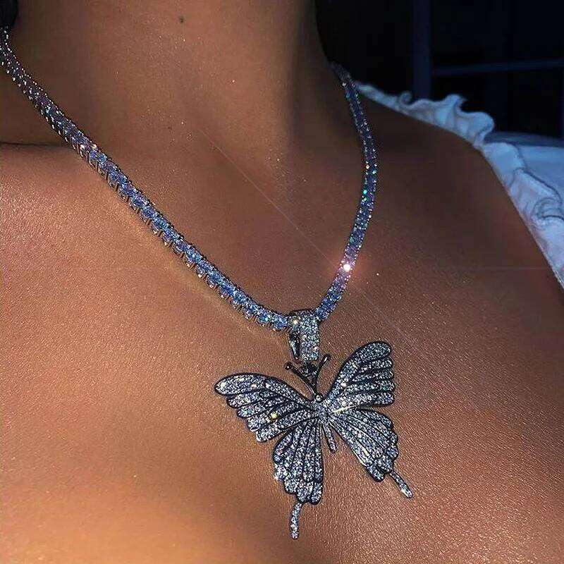 Hip Hop Big Butterfly Pendant Rhinestone for Women Bling Tennis Chain Crystal Choker Necklace Party Jewelry H260312
