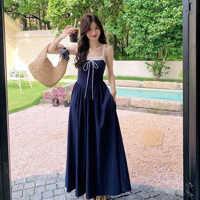 Women Navy Blue Contrast Maxi Dress Lady Lace Trim Square Neck Casual Summer Vacation Dress Female Sleeveless Comfort DressT260314
