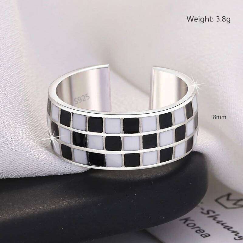 New Fashion 925 Sterling Silver Black Grid 8mm Wide Adjustable Rings Women&Girl Jewelry Gift Chessboard Design Trend Ring H260312