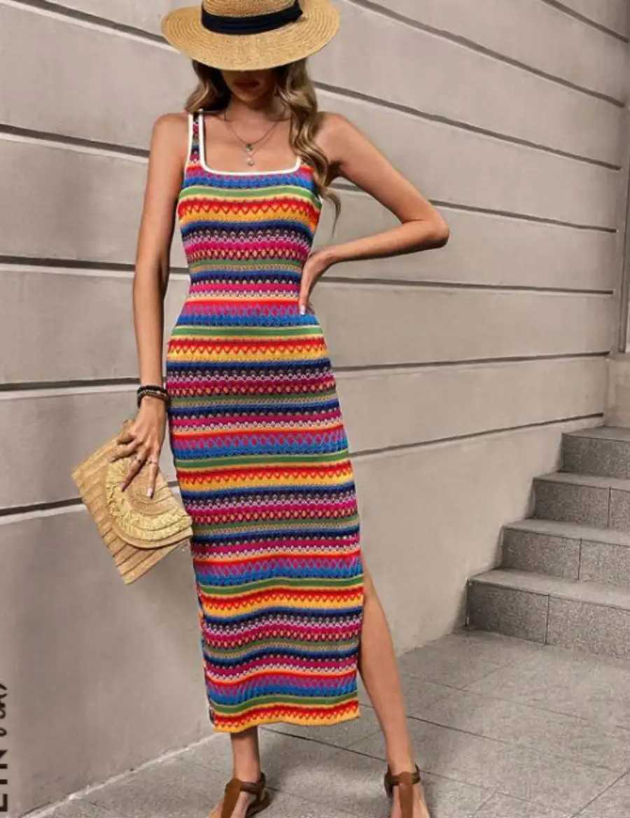 Spring new European and American womens personality street fashion casual stripes sleeveless square collar dress womenT260314