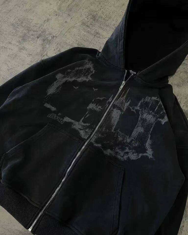 Man Hoodie Y2k Goth Men Hip Hop Streetwear Harajuku Gothic Pattern Zip Up 90s Graphic Sweatshirt Japanese Anime 26Y0313