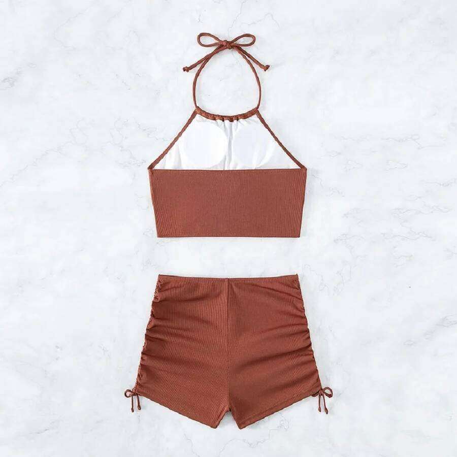 Women's solid color halter split flat Angle sports beach bikini swimsuit set Y260303