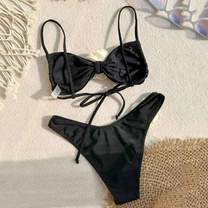 Sexy Flower Bandeau Swimwear Thong Bikini 2026 Women Lace-up Swimsuits Swimming Bathing Suit Brazilian Bikinis Set Mujer Biquini 26H0313