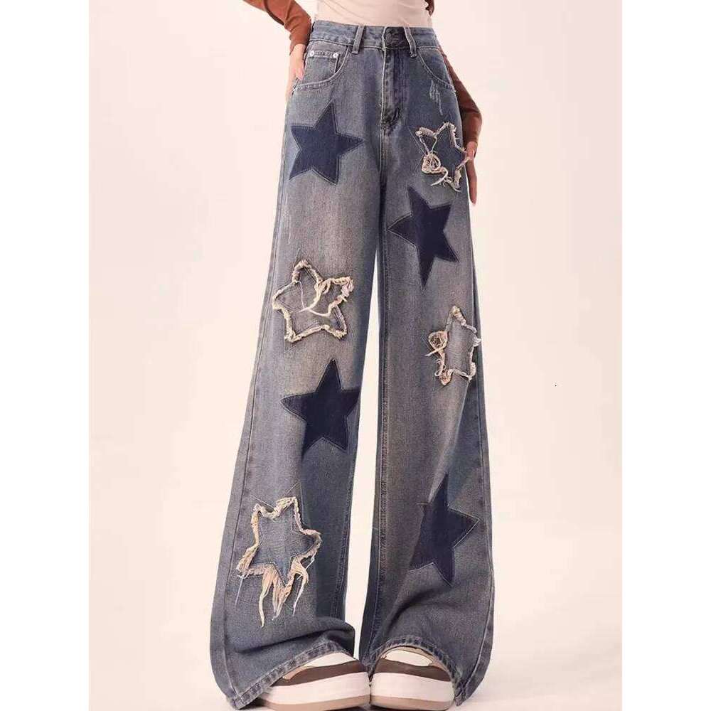 2023 Korean Y2K Fashion Star Embroidery Baggy Stacked Jeans Pants For Women Clothes High Waist Straight Vintage Lady Trousers Z260313