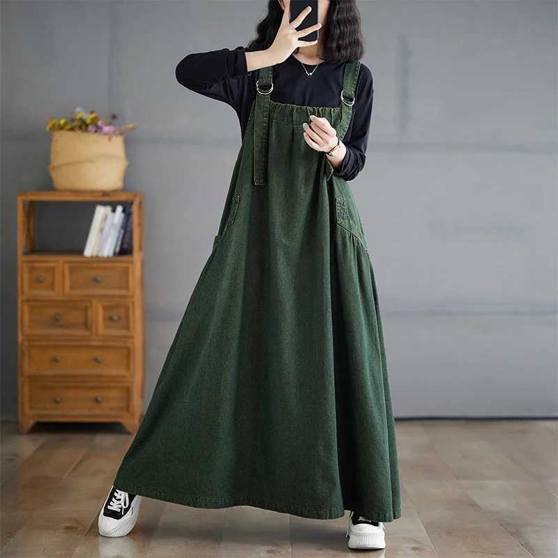 Retro Crtsmanip Loose Fit Slimming Denim Overalls Long Skirt Dr Spring Summer Autumn Winter A-Line Straight Cut GownT260314