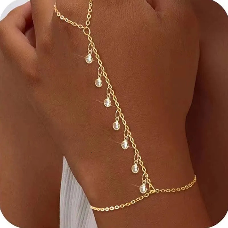 Stainless Steel Zircon Finger Bracelets for Women Trendy Metal Crystal Long Tassel Bracelets Rings Party Jewelry Accessories 260313