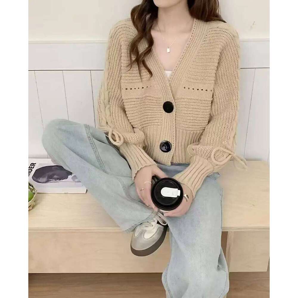 Women's Cardigan Sweater with Bow Decor Big Button V-Neck Crop Knitted Jacket Boxy Fit Korean Fashion Casual Female Fall Winter Z260314