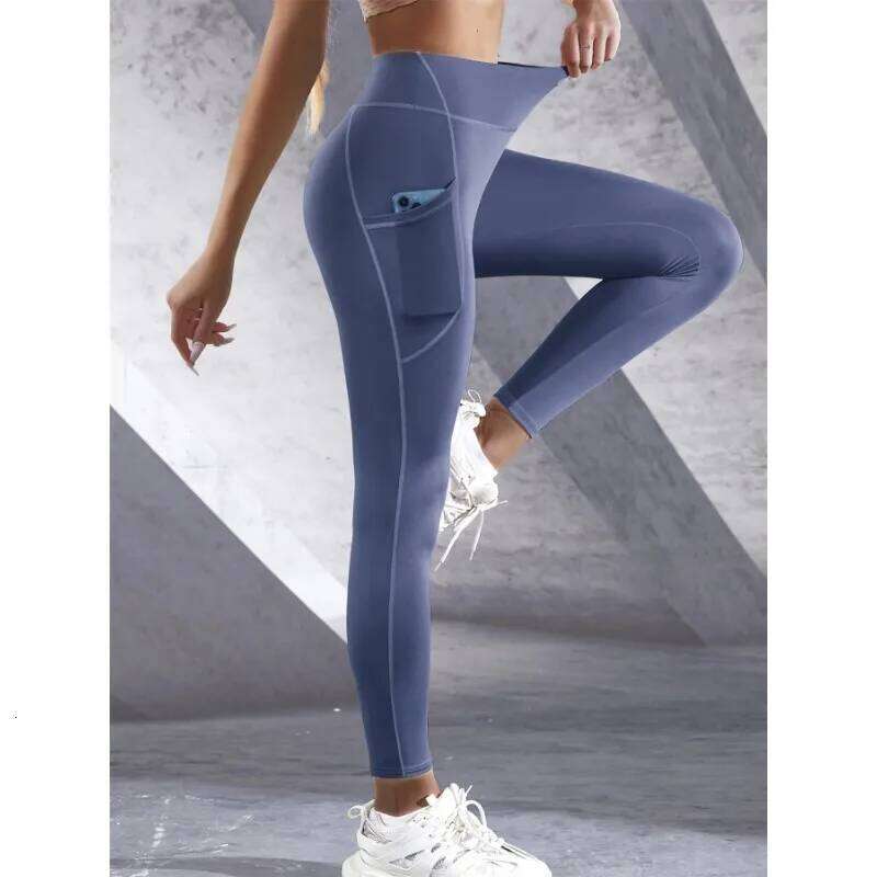 New High Waist Women's Leggings Stretch Yoga Tights With Pockets Push Up Fitness Running Sportswear Solid Color Pants 26Y0313