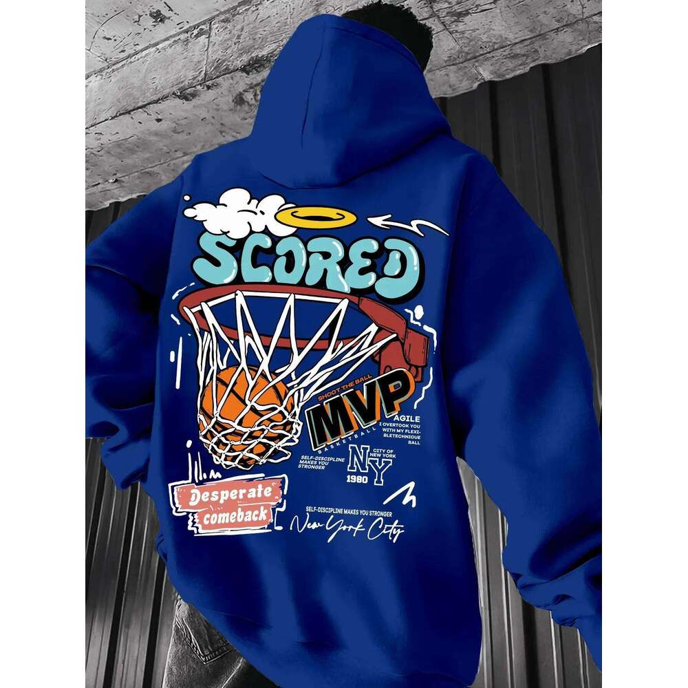 Casual MVP Basketball Graphic Hoodie for Men - Knitted Fabric Regular Fit with Slight Stretch Z260314