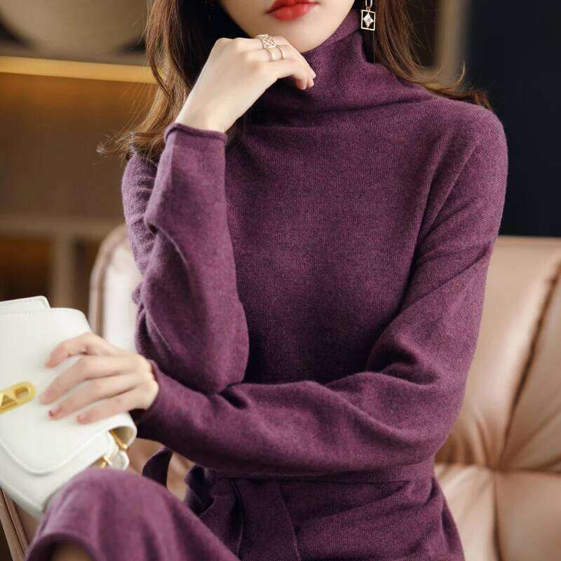 25 The new pullover 100% wool ladies solid color long-sleeved knitted fashion slim long high-neck cashmere dress sweater Z260313