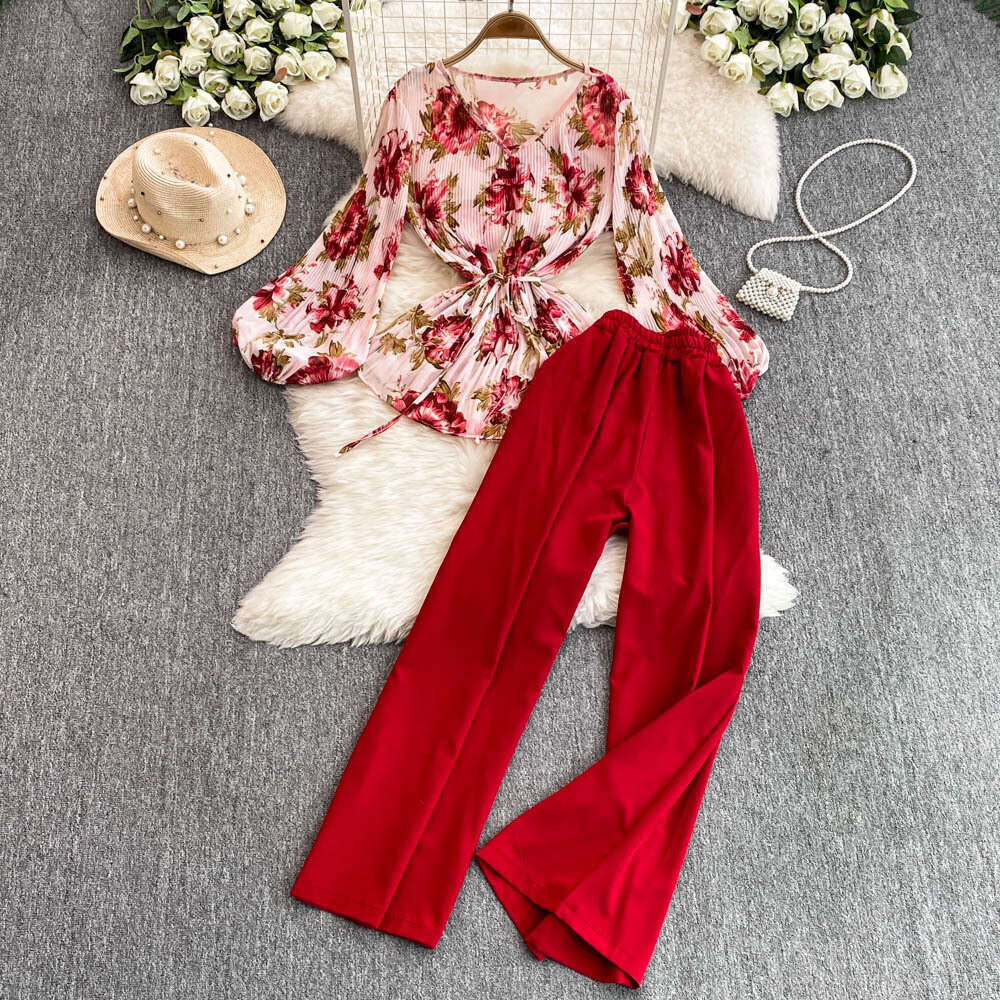 Designer ladies elegant mature style two-piece loose waistband flower pleated shirt high waist wide leg straight A13 leg suit pants