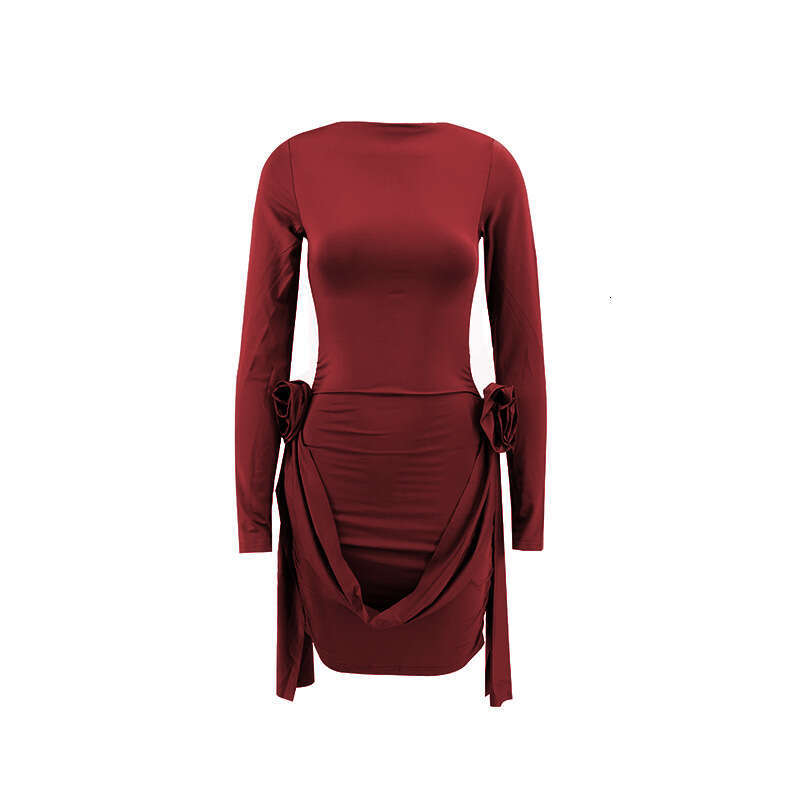 2026 c10 designer European and American autumn/winter sexy hot girl single shoulder slim fit long sleeved 3D floral ribbon short skirt