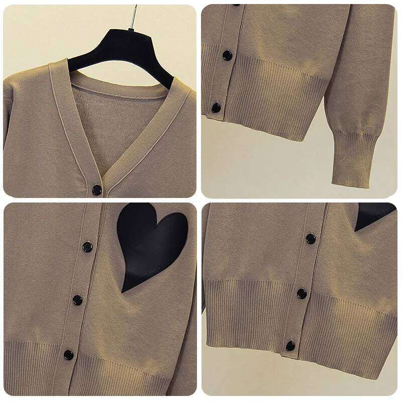 Love V-neck Knit Cardigan Sweater Women Oversized Tops Knitwear Autumn Winter Long Sleeve Double-breasted Elegant Jumpers Z260313