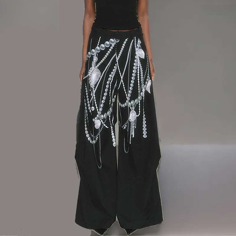 Women's Pants WTHT Fashion Pearl Print Design Casual 2025 Summer Trendy High Waist Wide Leg Straight Trousers Female 1LS1658 Z260312