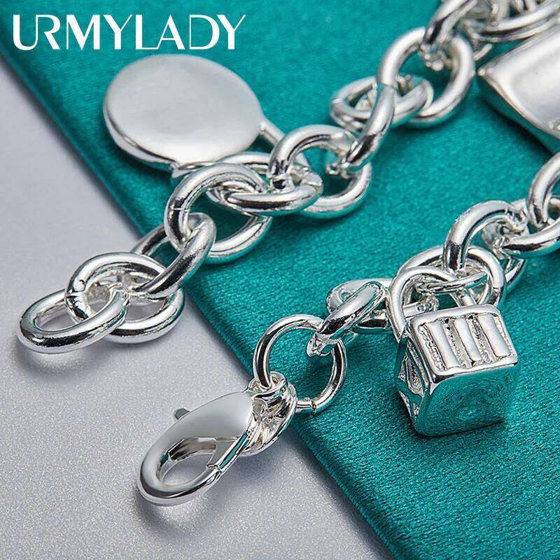 URMYLADY 925 Sterling Silver Lock Pendant Bracelets For Women Men Wedding Party Fashion Jewelry Z260313