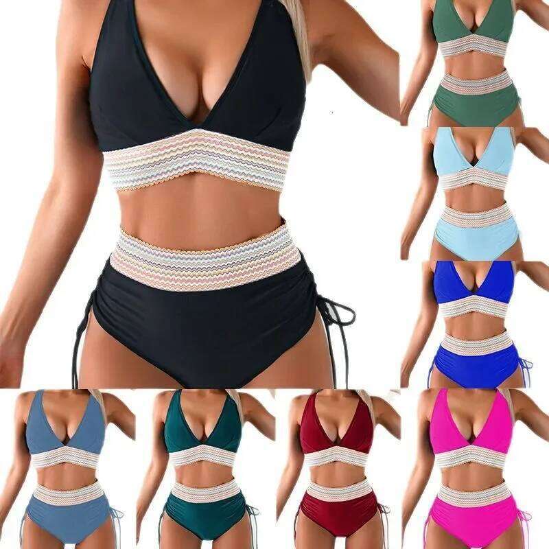 High Waist 2025 New Deep V Backless Sexy Bikini Split Swimsuit Beach Vacation Style Y260303