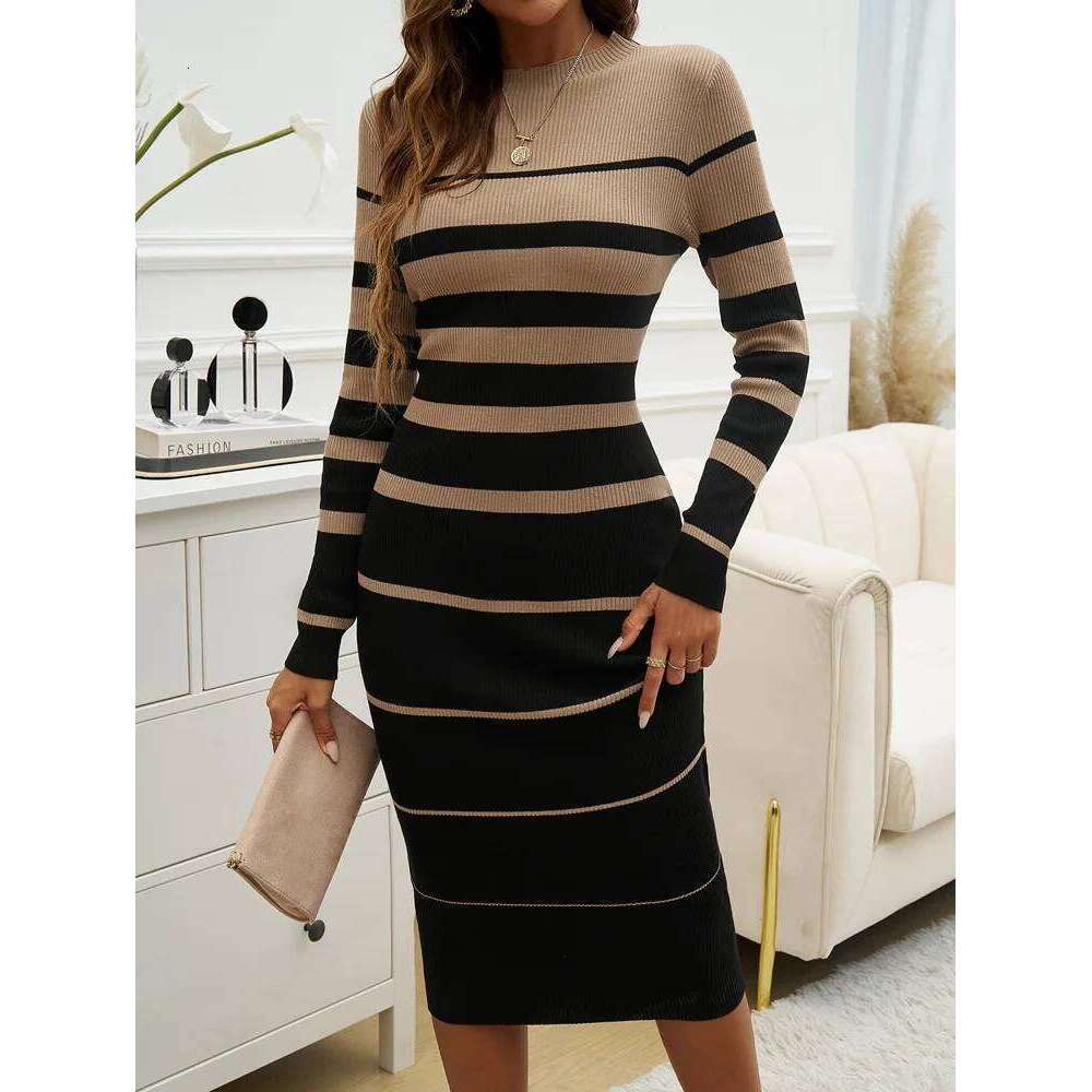 Office Ladies Knitted Elegant Striped Print Slim Long-sleeved Dress 2025 Autumn Winter Fashion New Z260314
