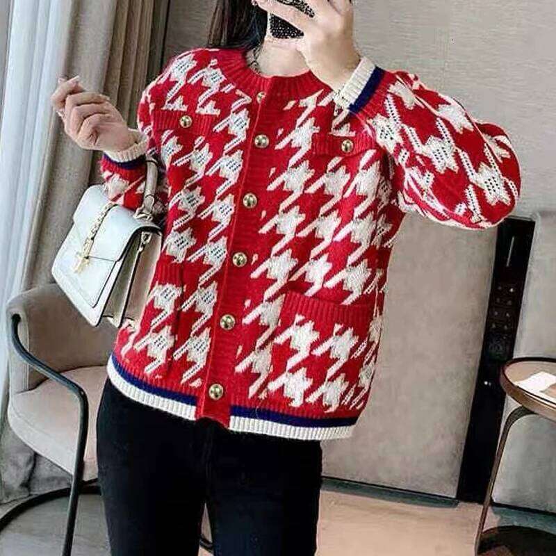 Women Retro Houndstooth Luxury Chic Single Breasted Knitted Cardigan Autumn Winter Casual O Neck Long Sleeve Loose Sweater Coat Z260314
