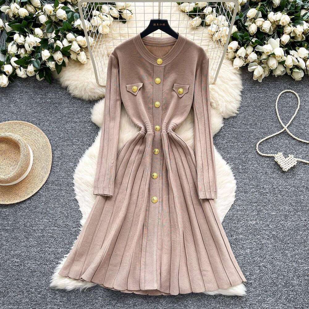 REALEFT Autumn Winter High Waist Knitted Umbrella A-line Dresses 2025 New Buttons O-neck Long Sleeve Loose Sweater Dress Female Z260313