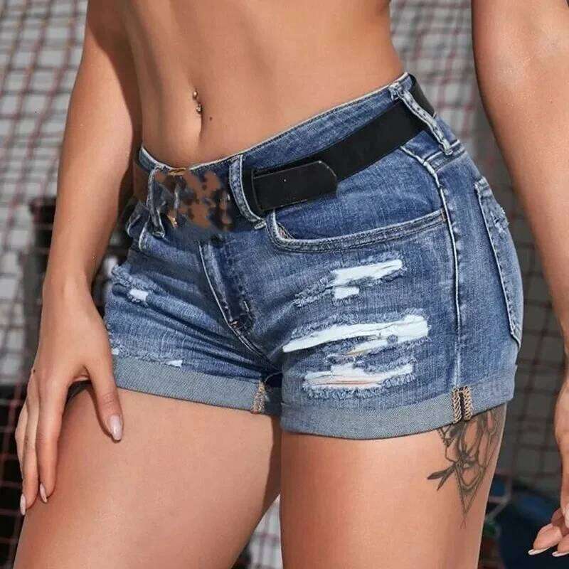 Women's Split Denim Summer Beach Wild Fashion Sexy Mid Waist Curled Cuff Perforated Elastic Slim Fit Casual Shorts