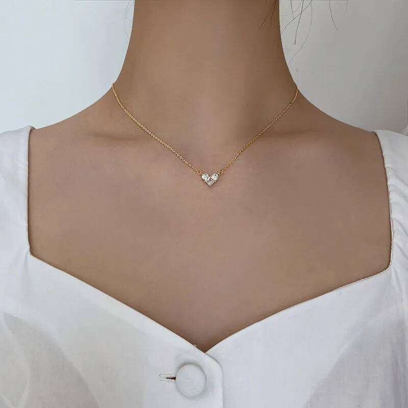 ANENJERY Silver Color Zircon Heart Necklace for Women Shiny Clavicle Chain Jewelry Gift Wholesale H260312