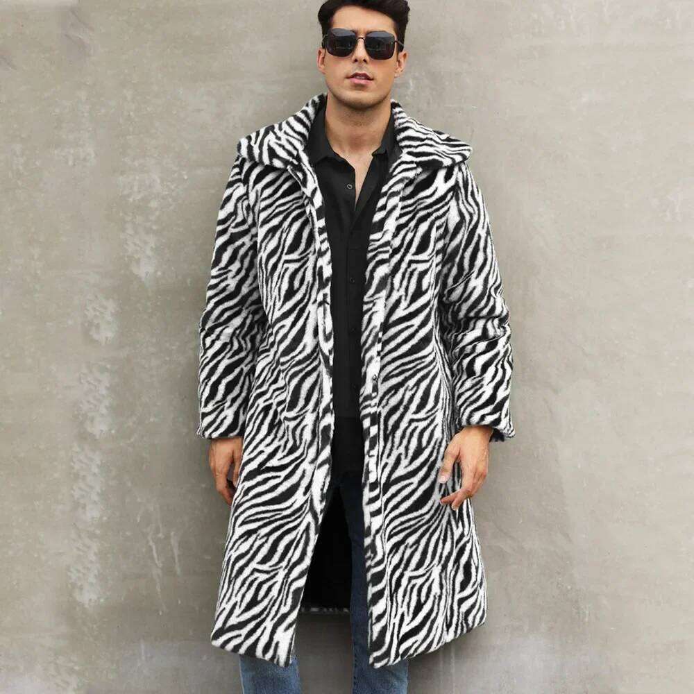 Men Faux Fox Coat Winter Zebra-stripe Thick Fluffy Warm Shaggy Outerwear Luxury Fur Long Jacket Bontjas Jackets Mens Z260313