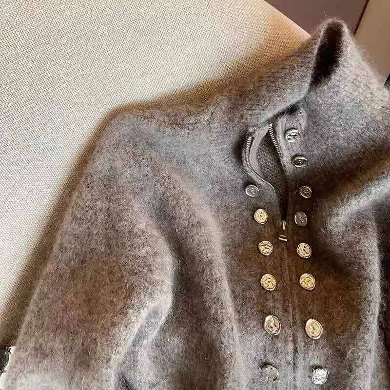 Grey Vintage Sweater Cardigans For Women Autumn New High Collar Double Breasted Knitted Coats Simple Elegant Female Knitwear Top Z260313