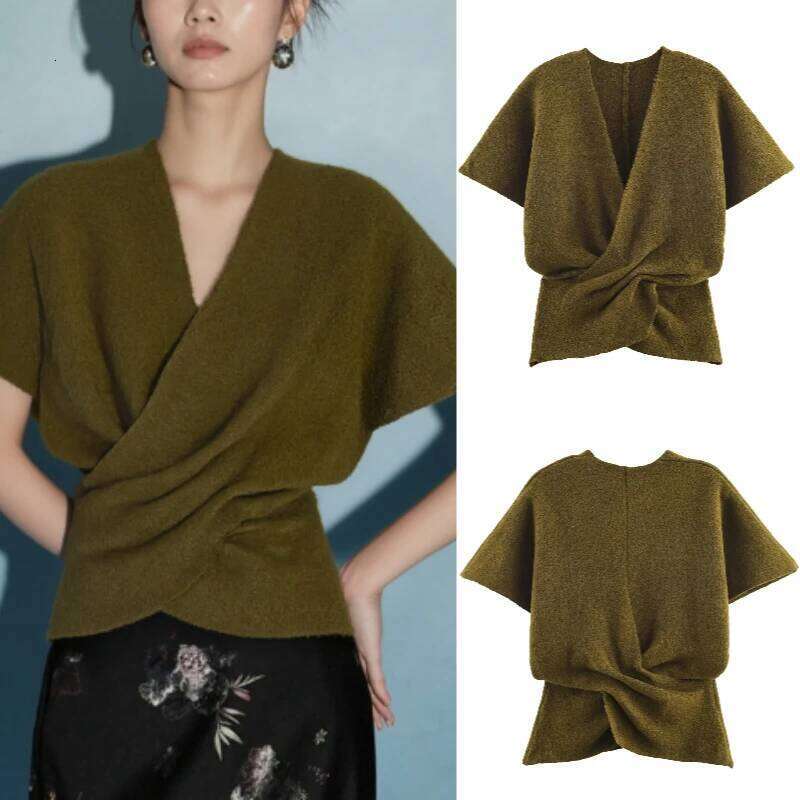 Women's Trendy Pleated Short-Sleeve Knit Top Sexy Fashion Fall 2025 Z260314