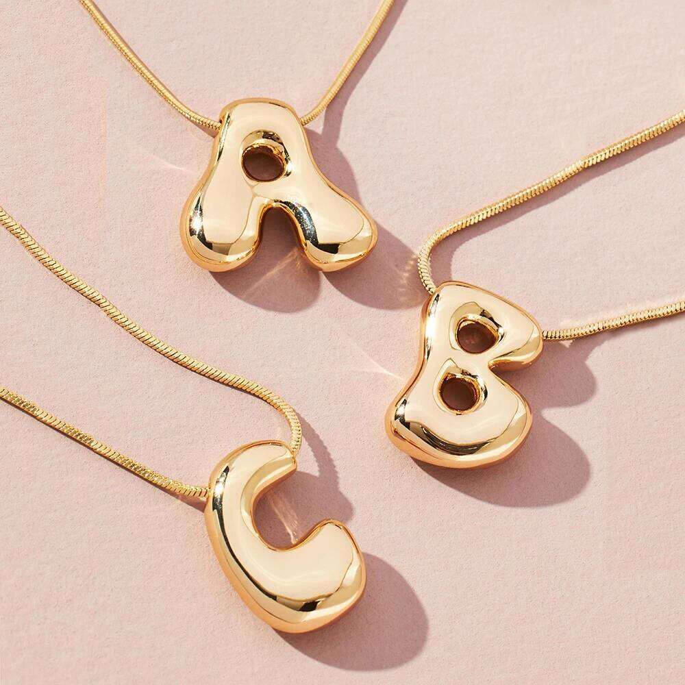 Golden Color Stainless Steel Initial Necklace for Women Girls Chunky Bubble Letter Pendant Necklaces Trendy Collar Jewelry Gift H260312