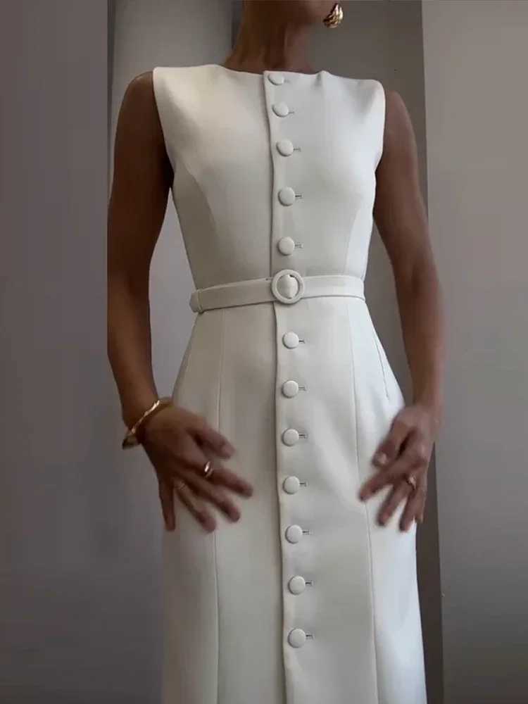Summer New Elegant Single Breasted Tank Dress Women Belts Sleeveless O-neck Slim Dresses Commute Street Split Lady VestidosT260314