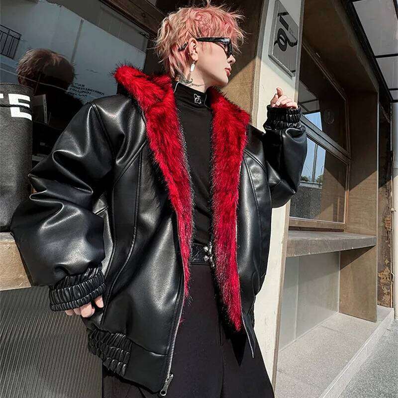 Double-sided Wear Thickened Warmer Faux Fur Pu Leather Jacket Man Techwear Style Red Imitation Mink Hair Winter Coat Z260313