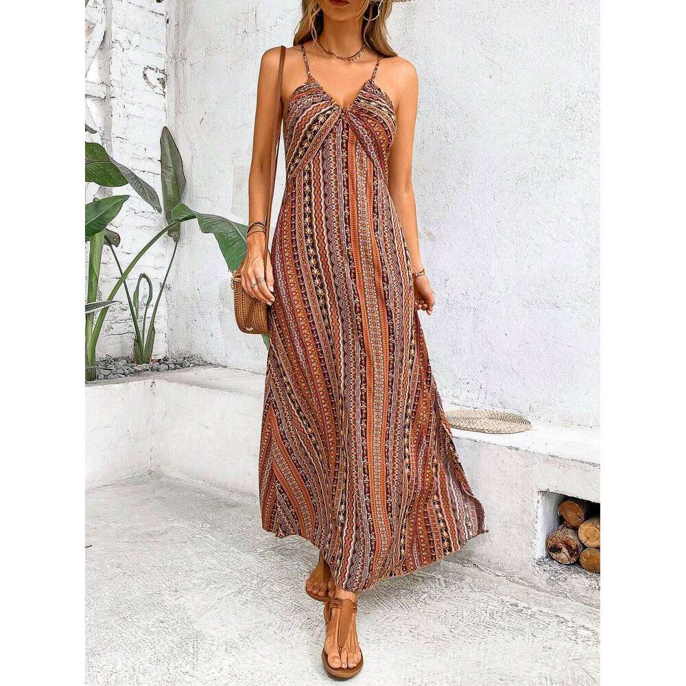 Women's Ethnic Pattern Backless Split Thigh Ladies Summer Clothes Boho Fashion Frill Trim Long Dress for Beach