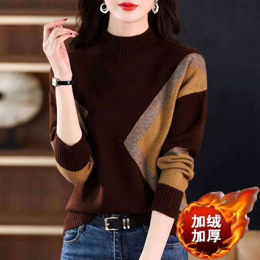 Velvet and Thickened Women's Top 2024 New Autumn/Winter Korean Edition Color Block Knitted Half High Neck Sweater Z260313