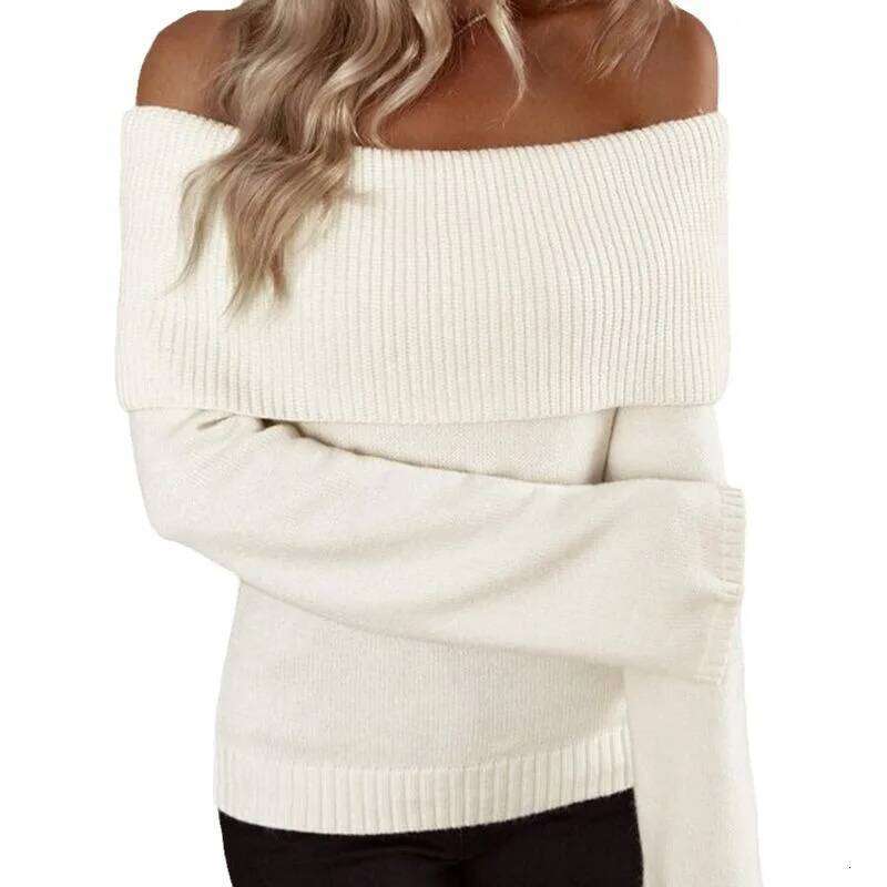 American European New Fashion Women's Slim Solid Color Simple Basic Casual Trendy Slash Neck Long Sleeve Knitted Sweaters Female Z260313