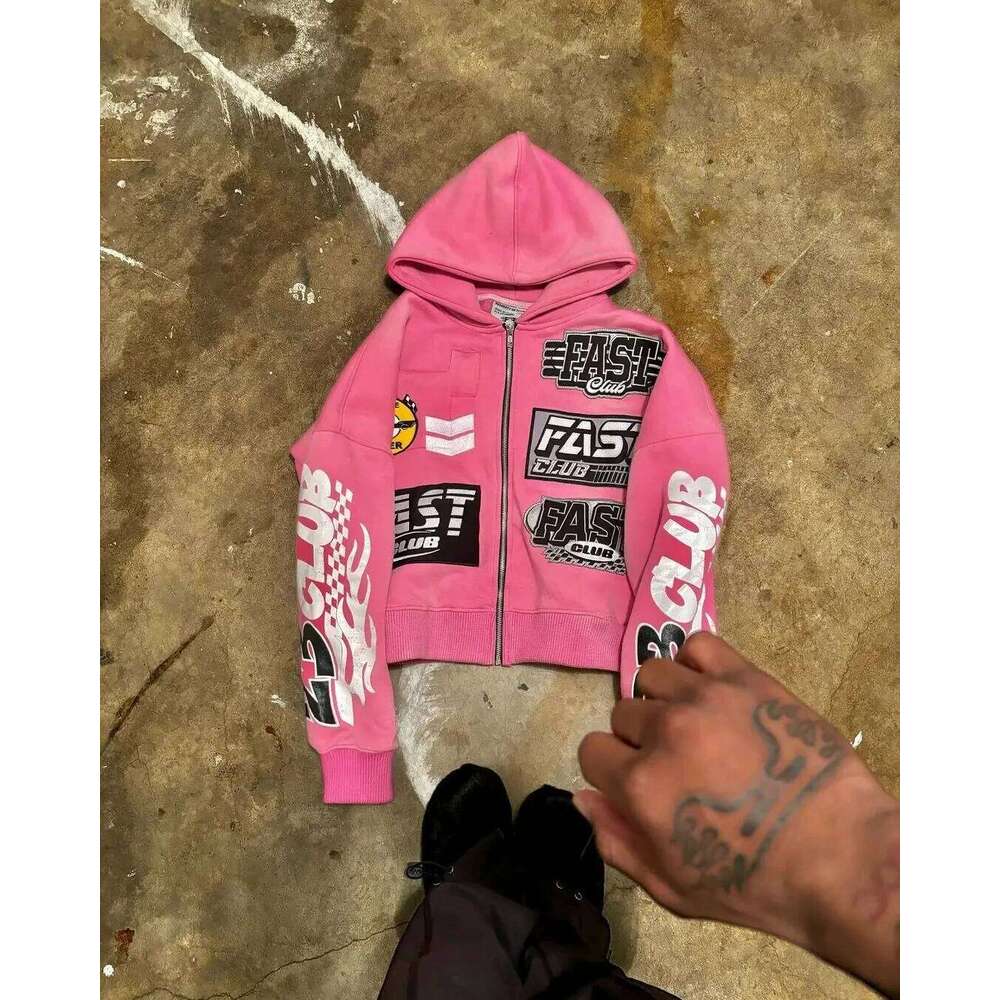 New Motorcycle Style Harajuku Letter Printed Hoodie Retro Gothic High Street Men and Women Casual Loose Zipper Sweatshirt 26Y0313