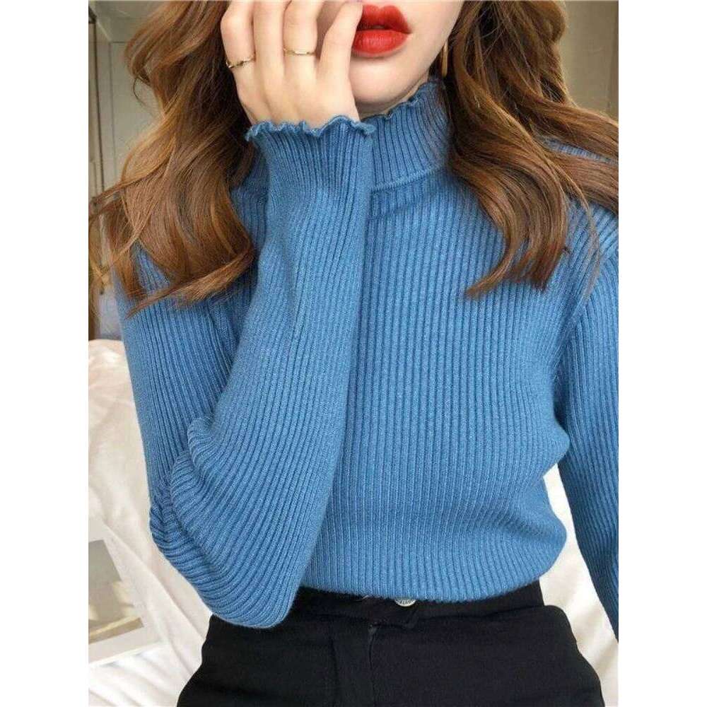 2025 Women's Knitted Sweater Autumn Winter Simple Base Layer Tops Wood Ear Edge Turtleneck Long Sleeve Pullovers Women Clothes Z260313