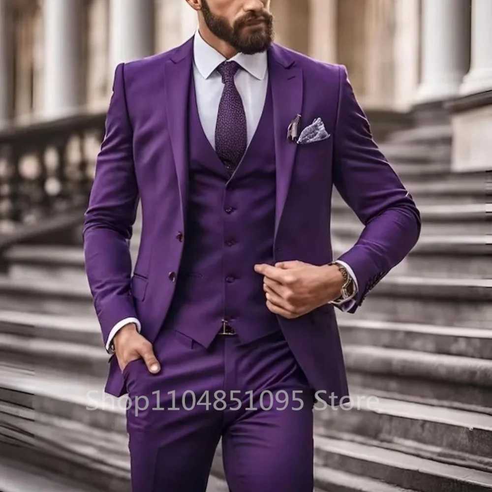 MenS Trend Personality 3 Piece Slim Fit Suits Business Wedding Party Tuxedos Blazer Vest Pants Solid Color Elegant Man Clothes M260313
