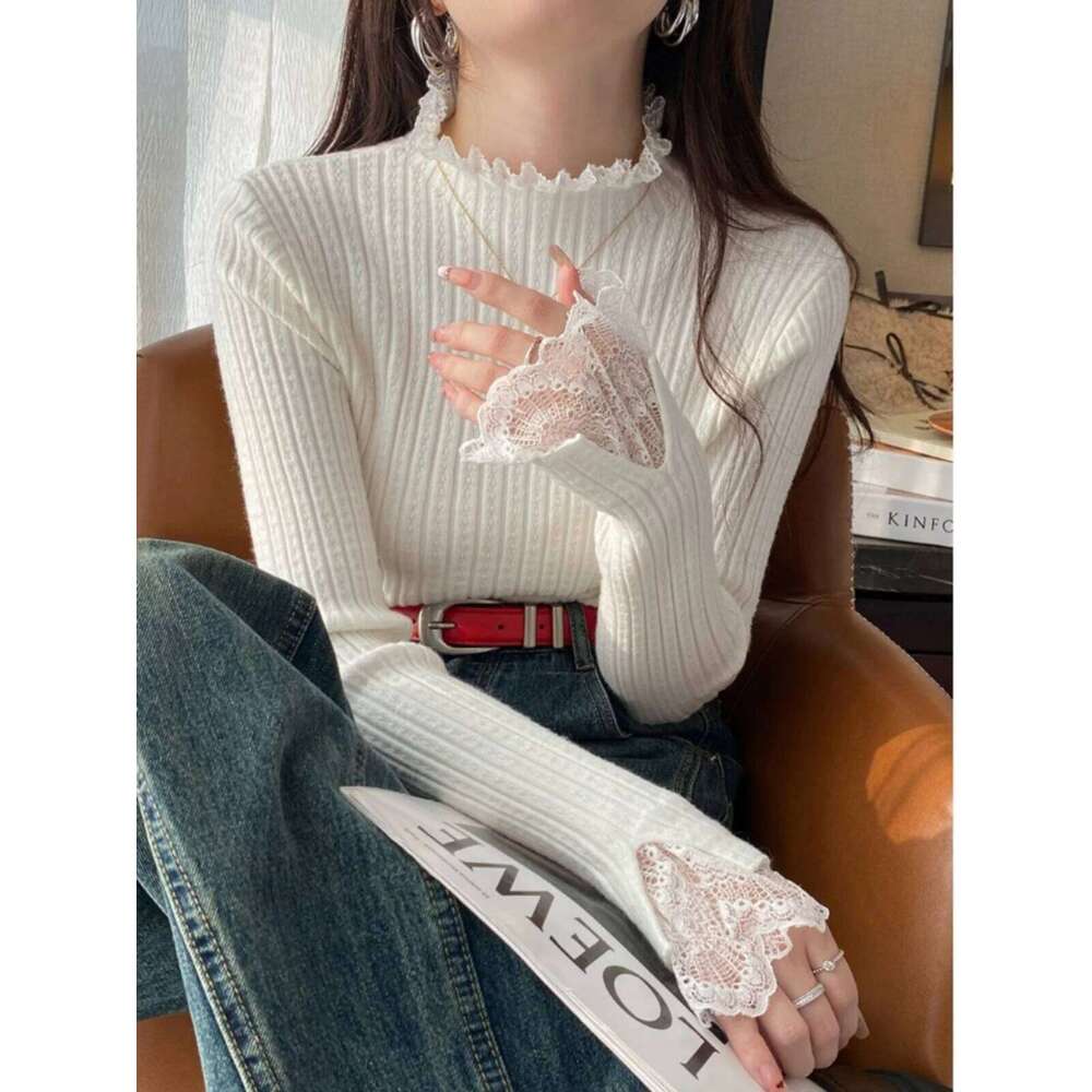 Autumn Winter Turtleneck Skinny Elastic Knitted Pullovers Women Solid Color Tops Female Long Sleeve Knit Patctwork Lace Sweater Z260314