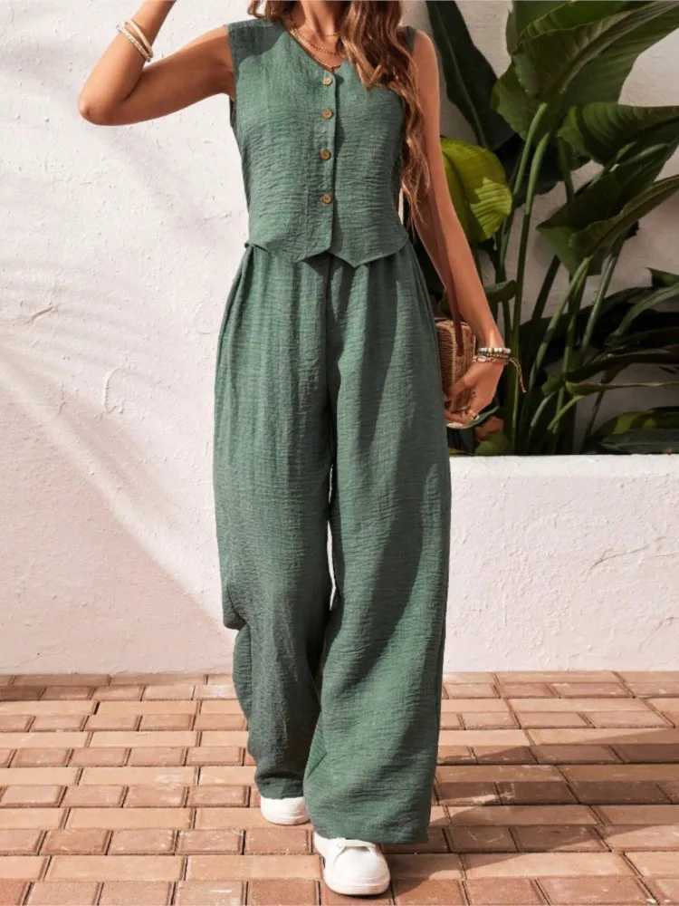 Fashion Solid Office Set Lady Casual V Neck Sleeveless Button Tops High Waist Wide Leg Pants Two Piece Sets For Women Summer New M260313